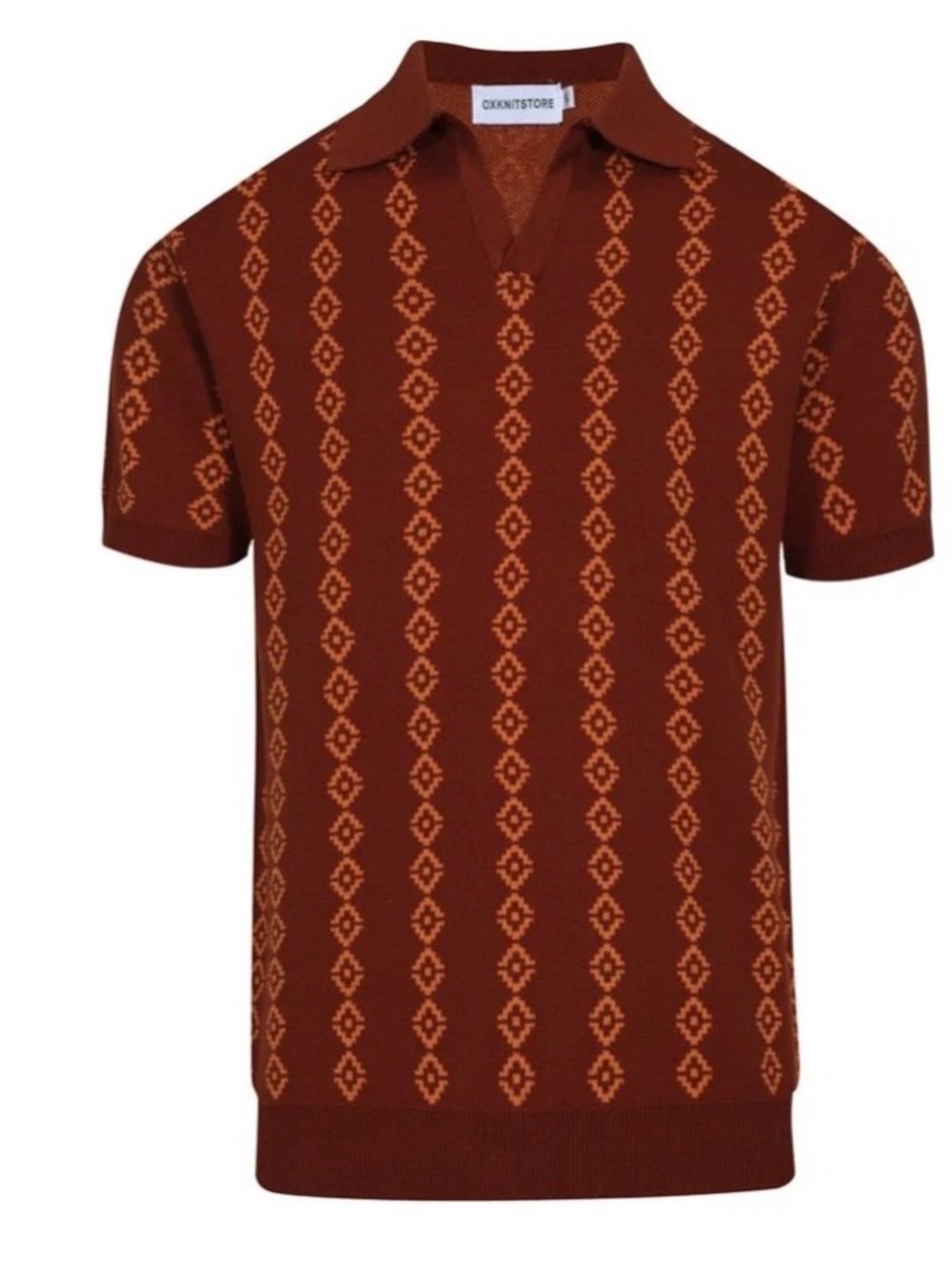 NWT Never Worn - OXKNIT 70s RETRO KNIT POLO – RUST GEOMETRIC SHORT SLEEVE SHIRT